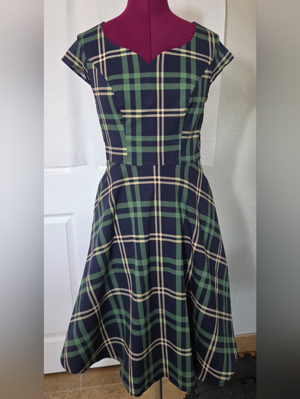 Navy Plaid Midi Fit-and-Flare Dress Tartan Academia Rockabilly M